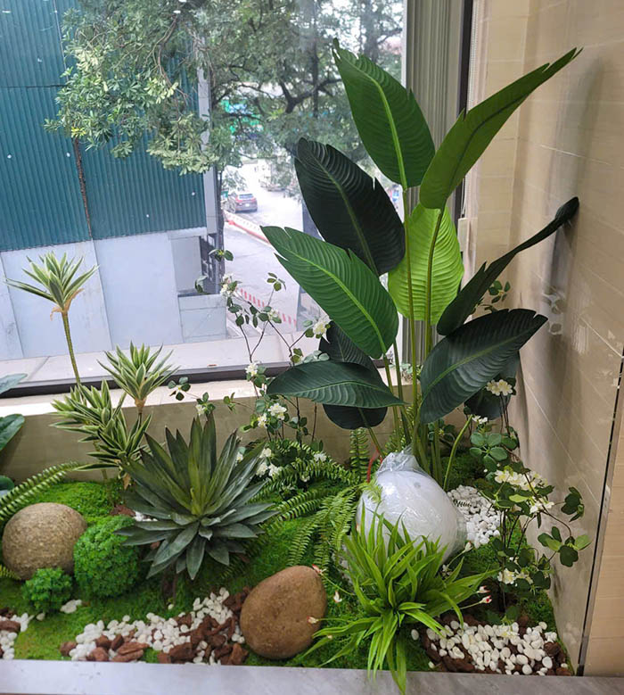 Setup góc tiểu cảnh văn phòng với cây giả cao cấp