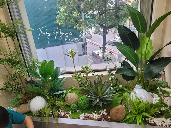 Setup góc tiểu cảnh văn phòng với cây giả cao cấp