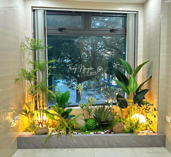 Setup góc tiểu cảnh văn phòng với cây giả cao cấp