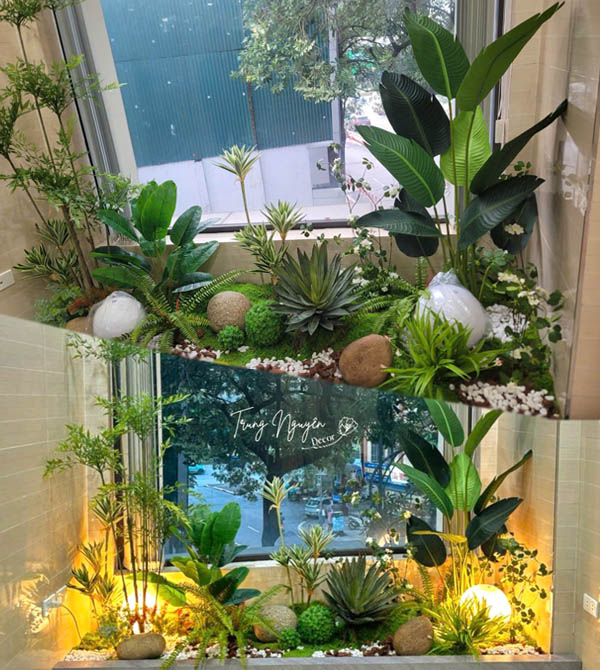 Setup góc tiểu cảnh văn phòng với cây giả cao cấp