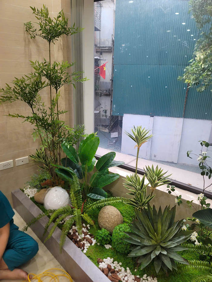 Setup góc tiểu cảnh văn phòng với cây giả cao cấp